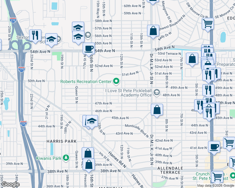 map of restaurants, bars, coffee shops, grocery stores, and more near 1221 48th Avenue North in Saint Petersburg