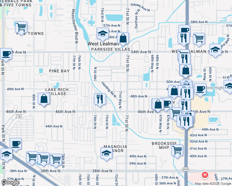 map of restaurants, bars, coffee shops, grocery stores, and more near 7182 49th Avenue North in St. Petersburg