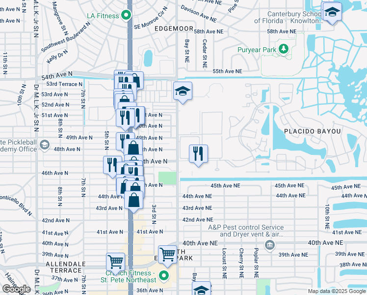 map of restaurants, bars, coffee shops, grocery stores, and more near 4885 1st Street Northeast in Saint Petersburg