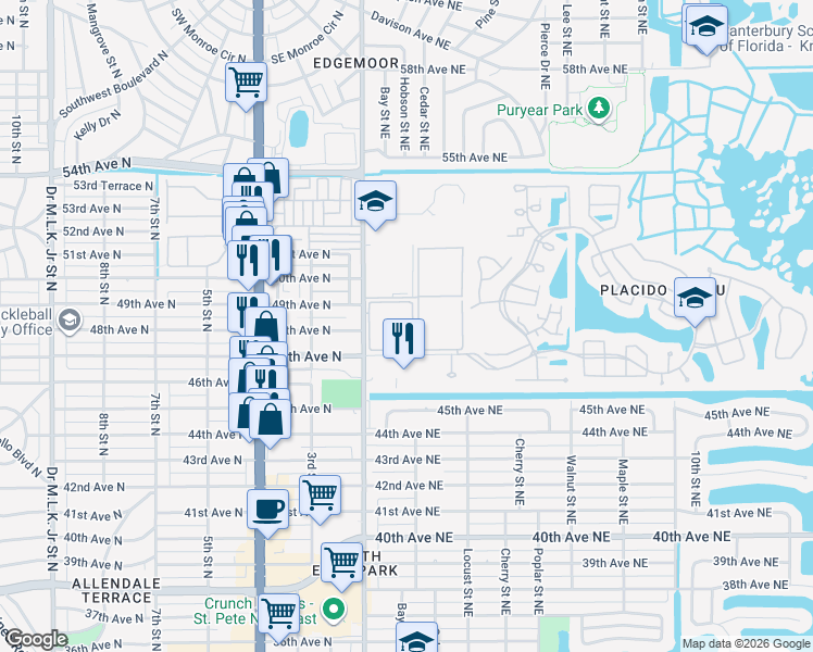 map of restaurants, bars, coffee shops, grocery stores, and more near 4705 1st Street Northeast in St. Petersburg