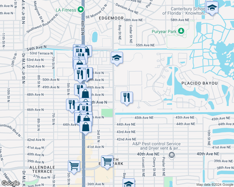 map of restaurants, bars, coffee shops, grocery stores, and more near 4705 1st Street Northeast in St. Petersburg