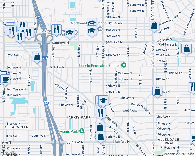 map of restaurants, bars, coffee shops, grocery stores, and more near 1635 48th Avenue North in St. Petersburg