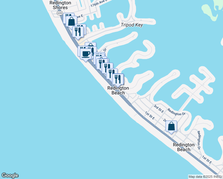 map of restaurants, bars, coffee shops, grocery stores, and more near in North Redington Beach