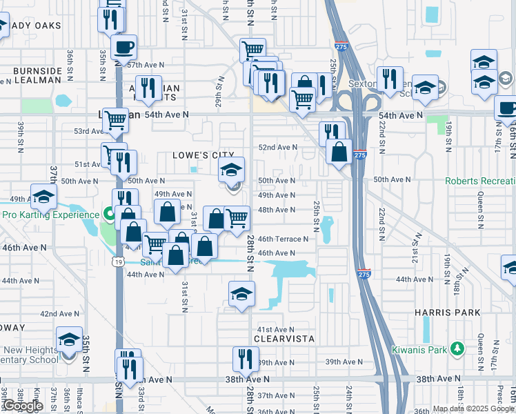map of restaurants, bars, coffee shops, grocery stores, and more near 2775 48th Avenue North in St. Petersburg