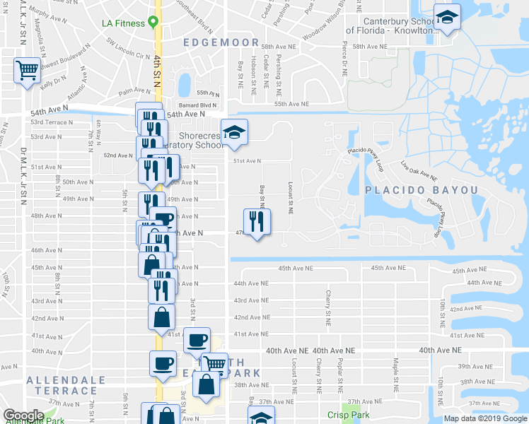 map of restaurants, bars, coffee shops, grocery stores, and more near 4715 Bay Street Northeast in St. Petersburg