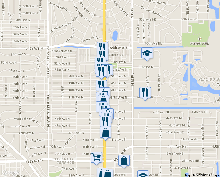 map of restaurants, bars, coffee shops, grocery stores, and more near 363 48th Avenue North in St. Petersburg