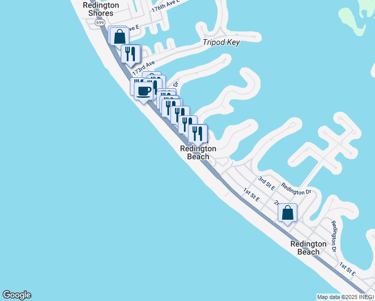 map of restaurants, bars, coffee shops, grocery stores, and more near in North Redington Beach