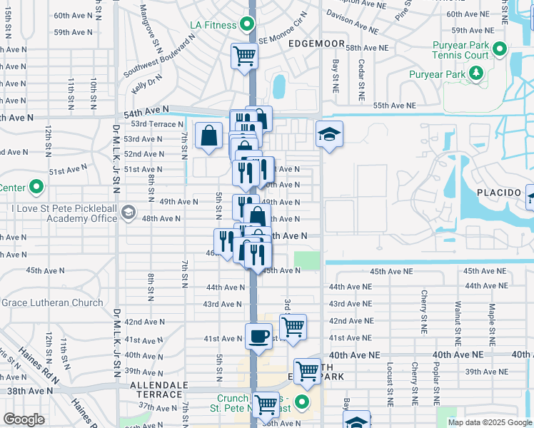 map of restaurants, bars, coffee shops, grocery stores, and more near 363 48th Avenue North in St. Petersburg