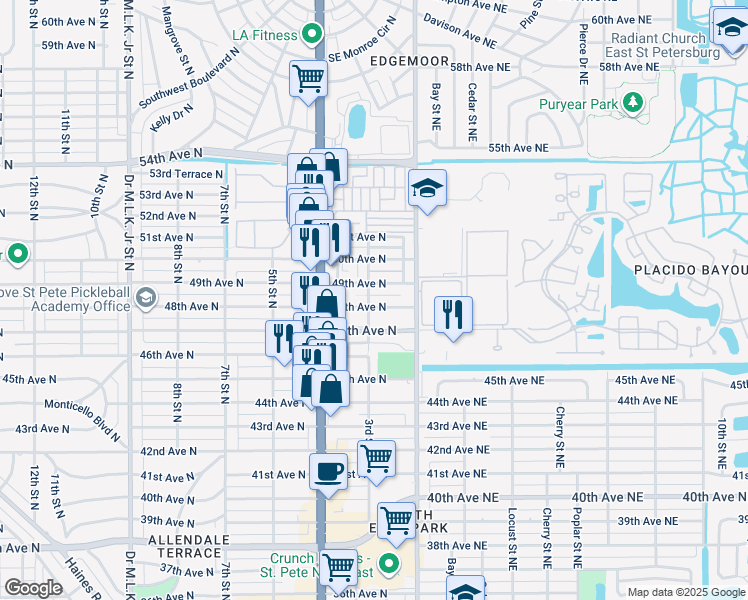 map of restaurants, bars, coffee shops, grocery stores, and more near 4801 3rd St N in St Petersburg