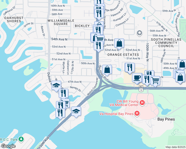 map of restaurants, bars, coffee shops, grocery stores, and more near 10719 Cherokee Drive in St. Petersburg