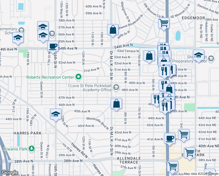 map of restaurants, bars, coffee shops, grocery stores, and more near 4814 Doctor Martin Luther King Junior Street North in St. Petersburg