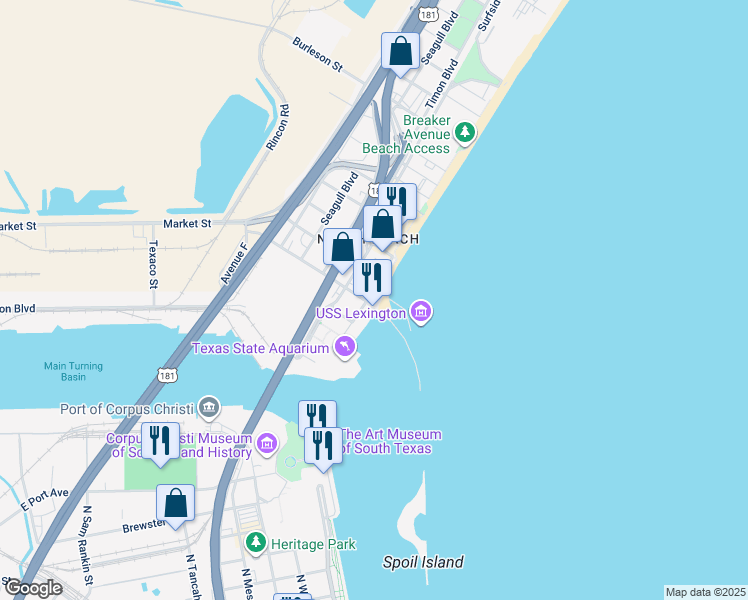 map of restaurants, bars, coffee shops, grocery stores, and more near 2900A North Shoreline Boulevard in Corpus Christi