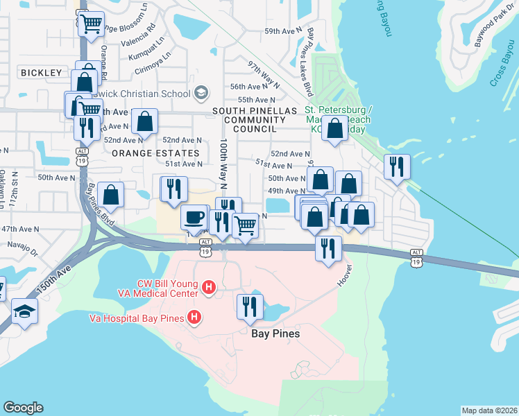 map of restaurants, bars, coffee shops, grocery stores, and more near 9886 48th Place North in St. Petersburg