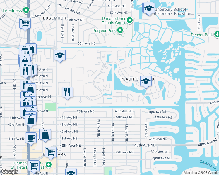 map of restaurants, bars, coffee shops, grocery stores, and more near 673 Segovia Court Northeast in Saint Petersburg