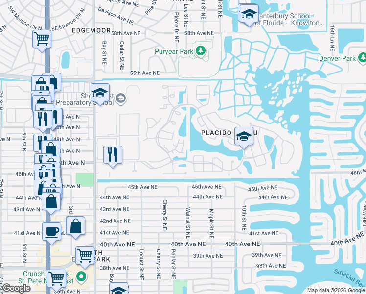 map of restaurants, bars, coffee shops, grocery stores, and more near 677 Segovia Court Northeast in St. Petersburg