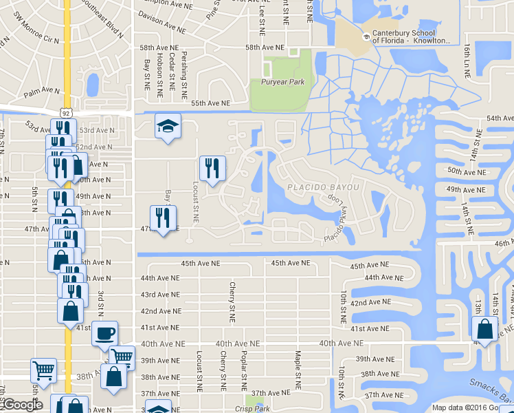 map of restaurants, bars, coffee shops, grocery stores, and more near 677 Segovia Court Northeast in St. Petersburg