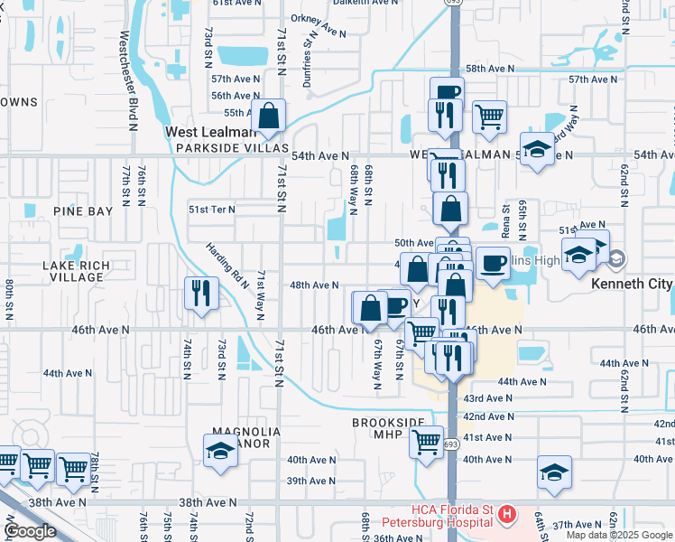 map of restaurants, bars, coffee shops, grocery stores, and more near 6886 49th Avenue North in St. Petersburg