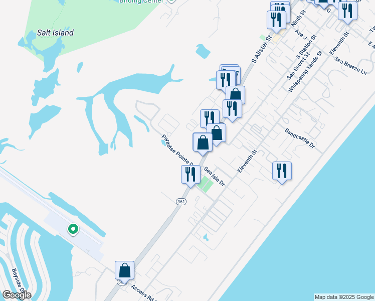 map of restaurants, bars, coffee shops, grocery stores, and more near 142 Paradise Pointe Drive in Port Aransas