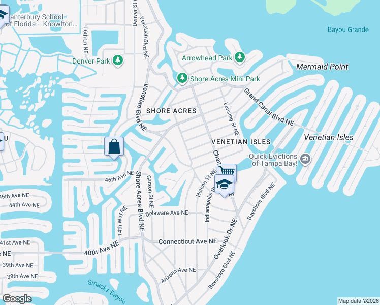 map of restaurants, bars, coffee shops, grocery stores, and more near 4853 Huntington Street Northeast in St. Petersburg