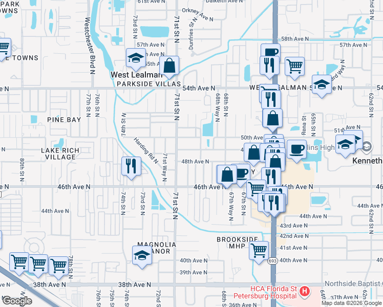 map of restaurants, bars, coffee shops, grocery stores, and more near 6930 49th Avenue North in St. Petersburg