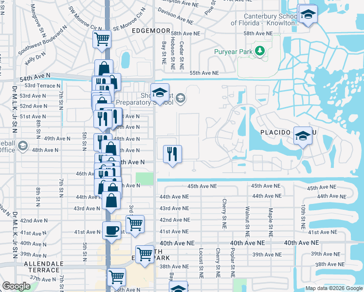 map of restaurants, bars, coffee shops, grocery stores, and more near 4715 Bay Street Northeast in St. Petersburg