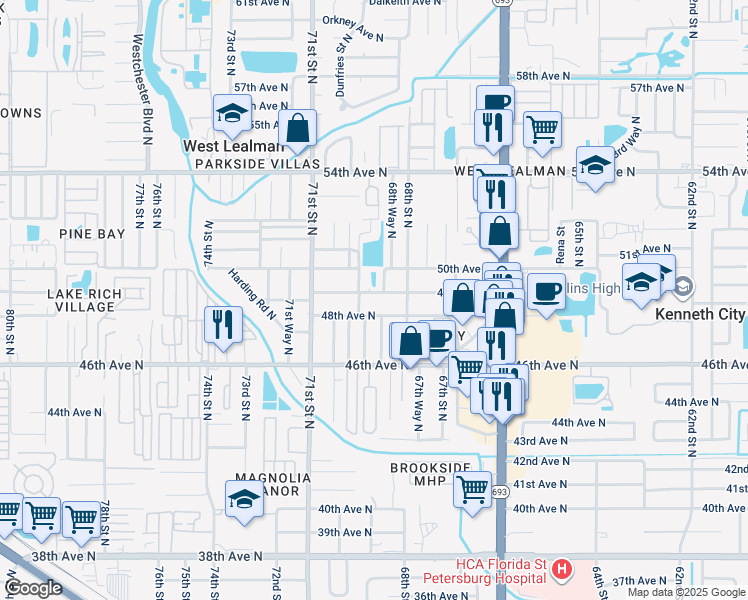map of restaurants, bars, coffee shops, grocery stores, and more near 6886 49th Avenue North in St. Petersburg