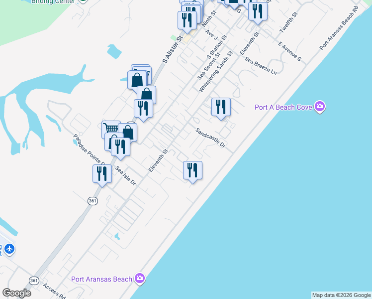 map of restaurants, bars, coffee shops, grocery stores, and more near 1824 Palisades Drive in Port Aransas