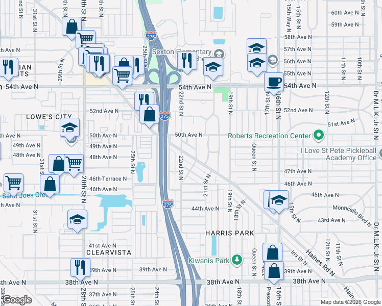 map of restaurants, bars, coffee shops, grocery stores, and more near 4801 Haines Road North in St. Petersburg