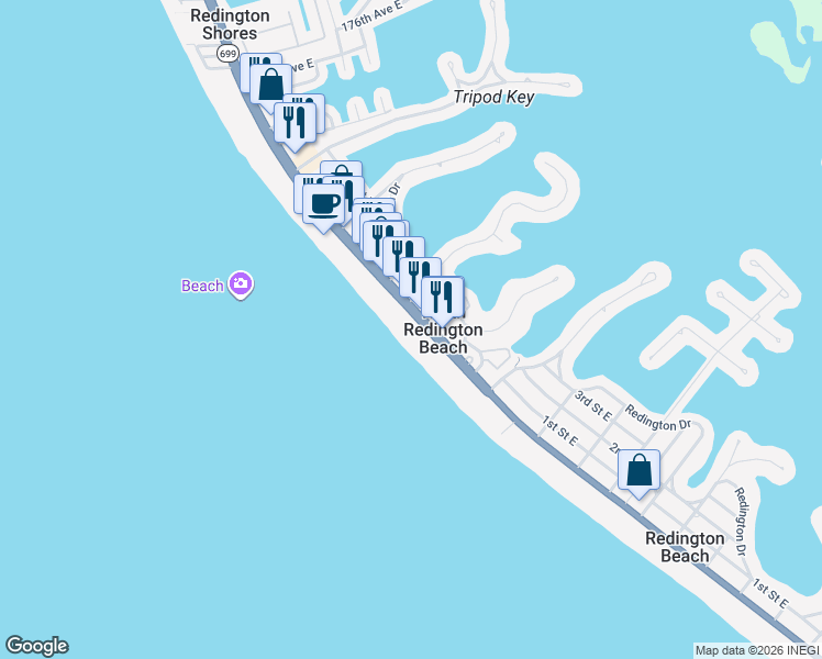 map of restaurants, bars, coffee shops, grocery stores, and more near 16700 Gulf Boulevard in North Redington Beach
