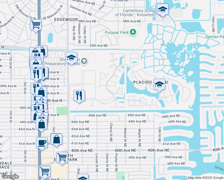 map of restaurants, bars, coffee shops, grocery stores, and more near 677 Segovia Court Northeast in St. Petersburg