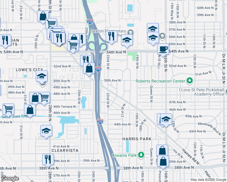 map of restaurants, bars, coffee shops, grocery stores, and more near 4801 Haines Road North in St. Petersburg