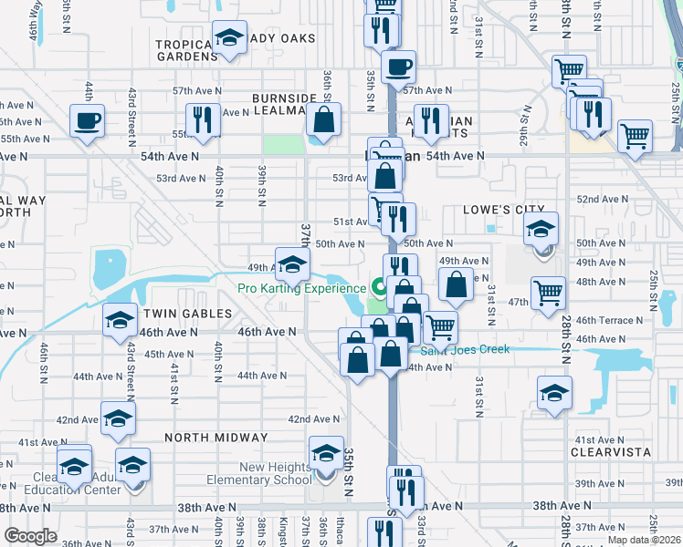 map of restaurants, bars, coffee shops, grocery stores, and more near 3640 49th Avenue North in St. Petersburg