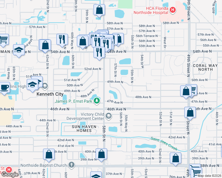 map of restaurants, bars, coffee shops, grocery stores, and more near 4864 Lake Charles Drive North in Kenneth City
