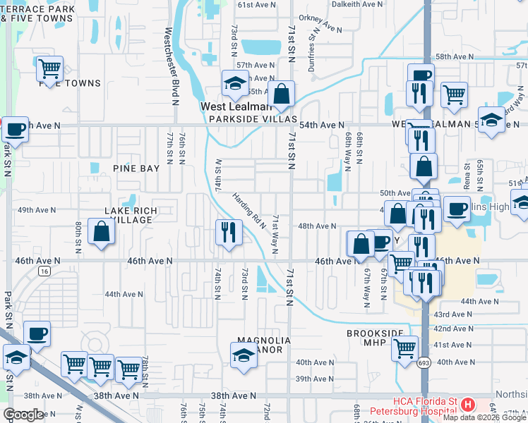 map of restaurants, bars, coffee shops, grocery stores, and more near 7182 49th Avenue North in St. Petersburg
