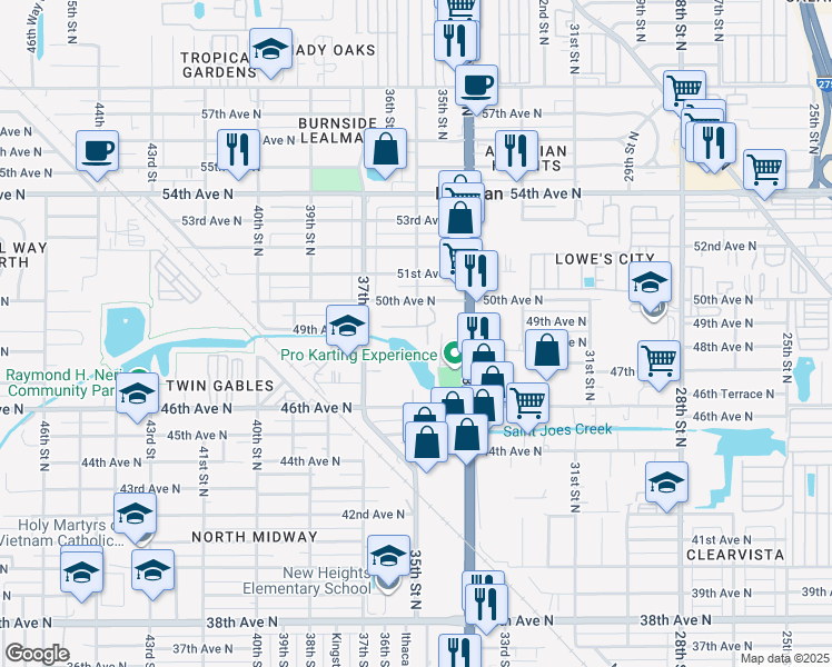 map of restaurants, bars, coffee shops, grocery stores, and more near 901 49th Avenue North in St. Petersburg