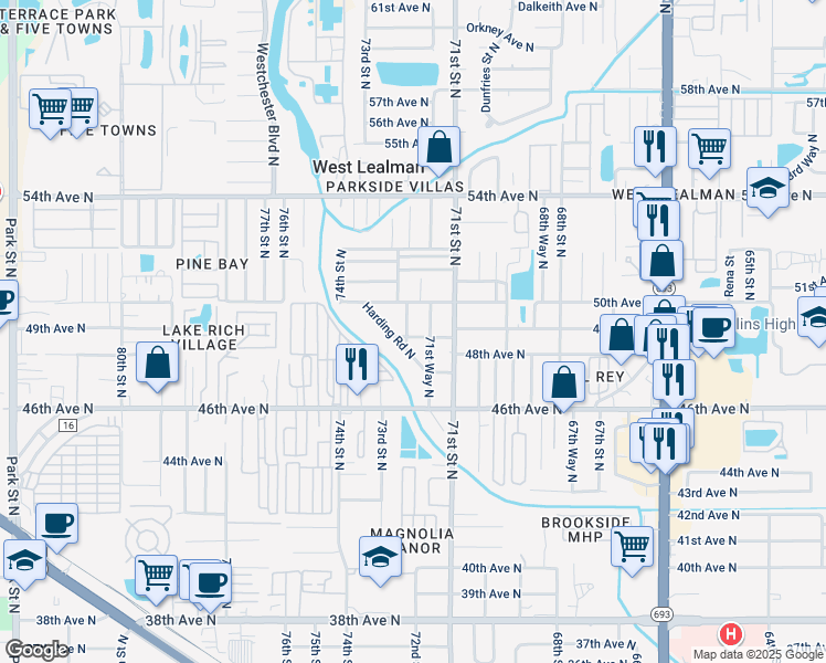 map of restaurants, bars, coffee shops, grocery stores, and more near 7182 49th Avenue North in St. Petersburg