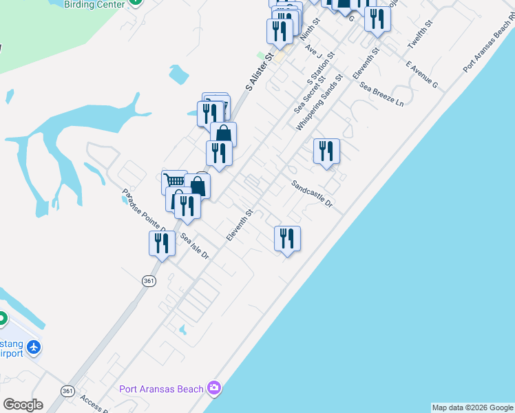map of restaurants, bars, coffee shops, grocery stores, and more near 1901 Eleventh Street in Port Aransas