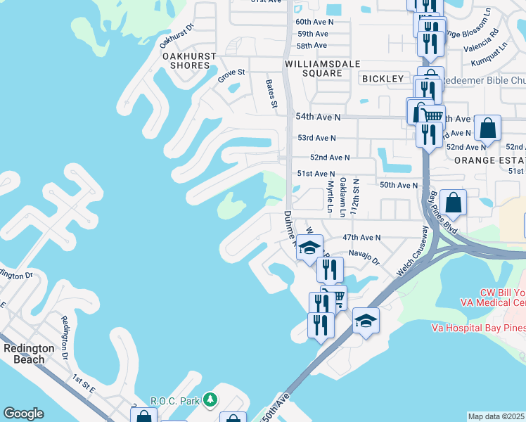 map of restaurants, bars, coffee shops, grocery stores, and more near 11423 48th Avenue North in Saint Petersburg