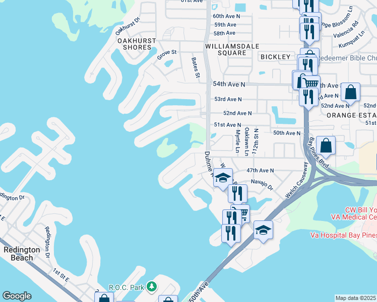 map of restaurants, bars, coffee shops, grocery stores, and more near 11423 48th Avenue North in Saint Petersburg