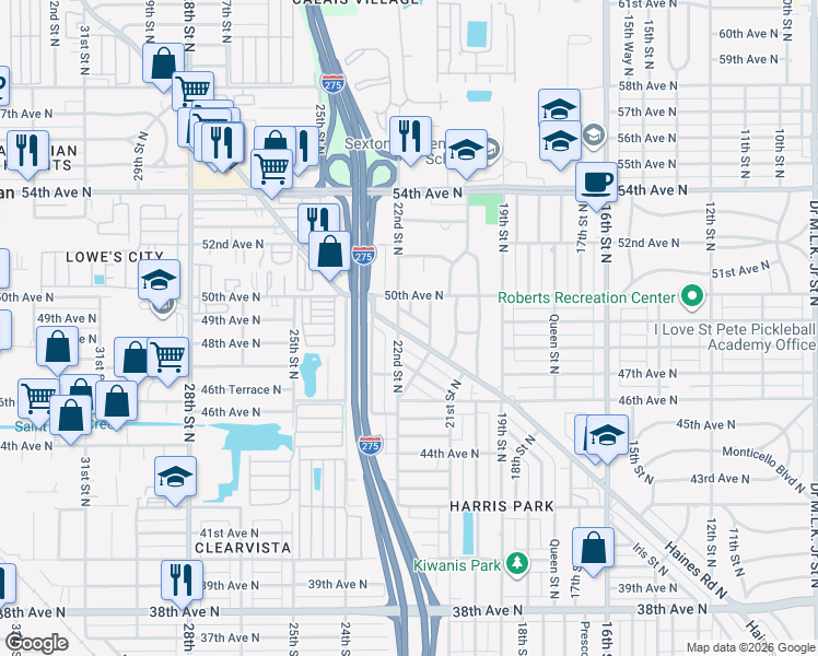 map of restaurants, bars, coffee shops, grocery stores, and more near 4810 22nd Street North in St. Petersburg