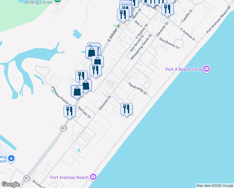 map of restaurants, bars, coffee shops, grocery stores, and more near 1824 Palisades Drive in Port Aransas