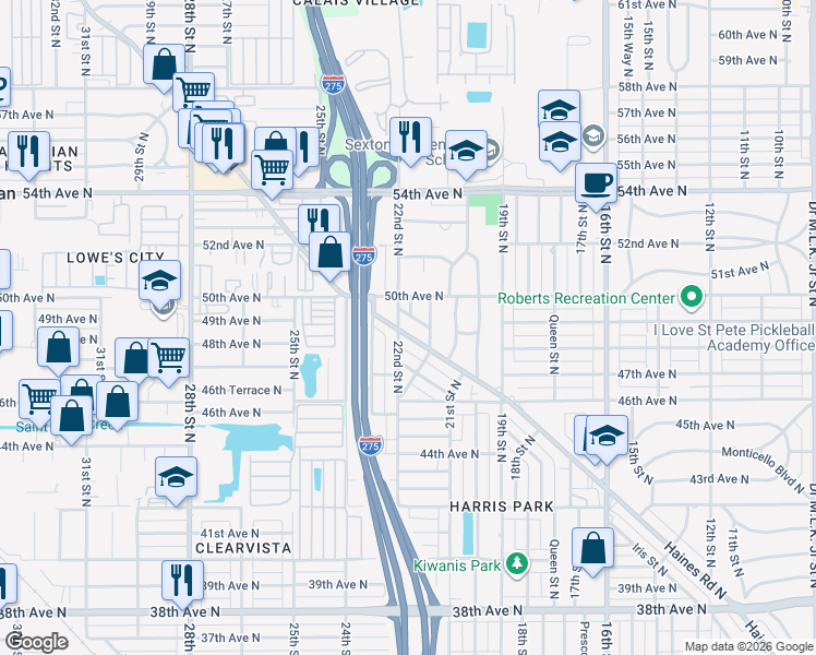 map of restaurants, bars, coffee shops, grocery stores, and more near 4810 22nd Street North in St. Petersburg