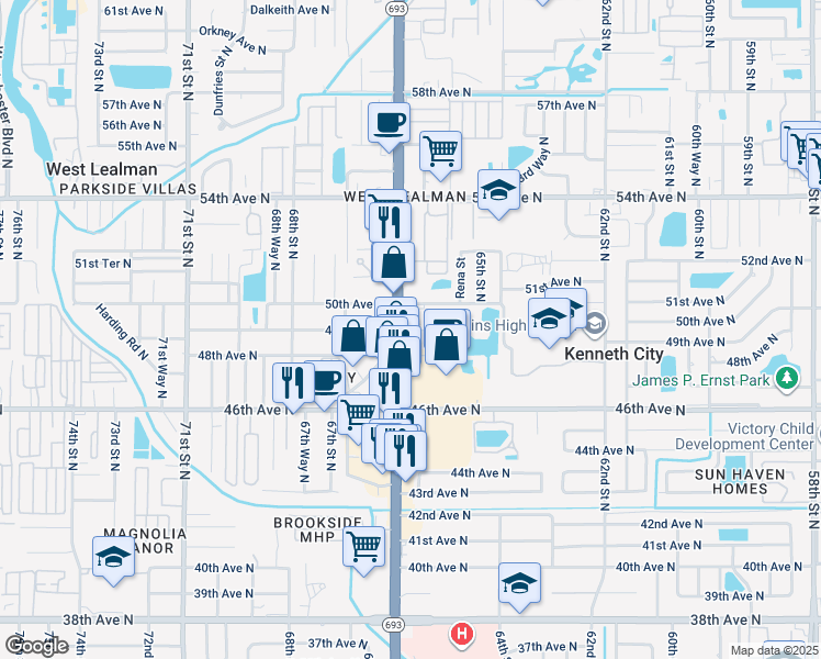 map of restaurants, bars, coffee shops, grocery stores, and more near 6587 49th Avenue North in Saint Petersburg
