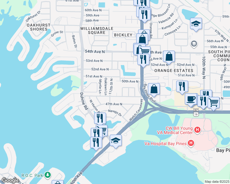 map of restaurants, bars, coffee shops, grocery stores, and more near 1 Cherokee Court in St. Petersburg