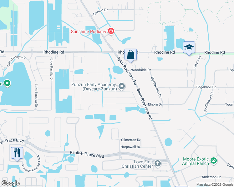 map of restaurants, bars, coffee shops, grocery stores, and more near 11826 Valhalla Woods Drive in Riverview