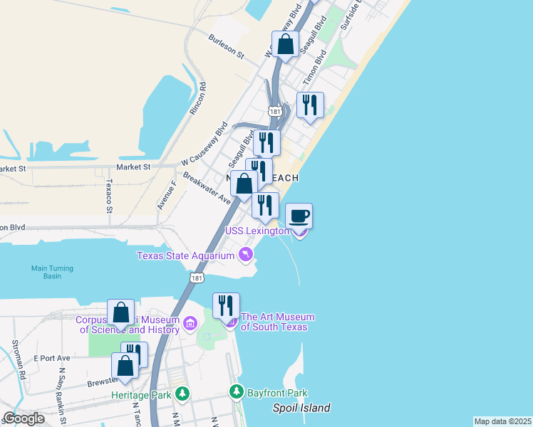 map of restaurants, bars, coffee shops, grocery stores, and more near 2900A North Shoreline Boulevard in Corpus Christi