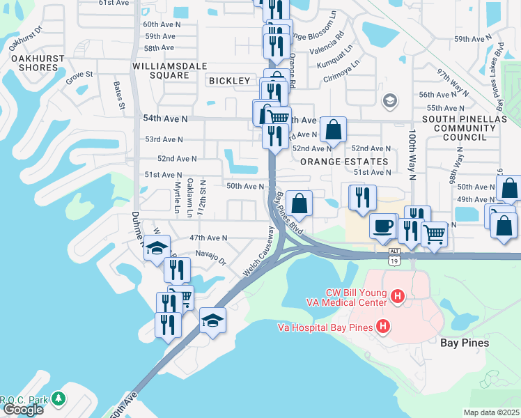 map of restaurants, bars, coffee shops, grocery stores, and more near 10719 Cherokee Drive in St. Petersburg
