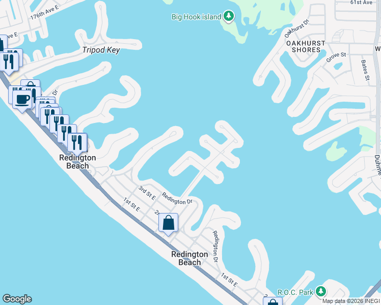 map of restaurants, bars, coffee shops, grocery stores, and more near 16107 4th Street East in Redington Beach
