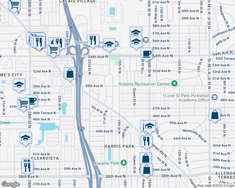 map of restaurants, bars, coffee shops, grocery stores, and more near 4840 19th Street North in Saint Petersburg