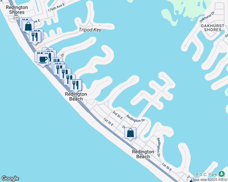 map of restaurants, bars, coffee shops, grocery stores, and more near 16462 Redington Drive in Redington Beach
